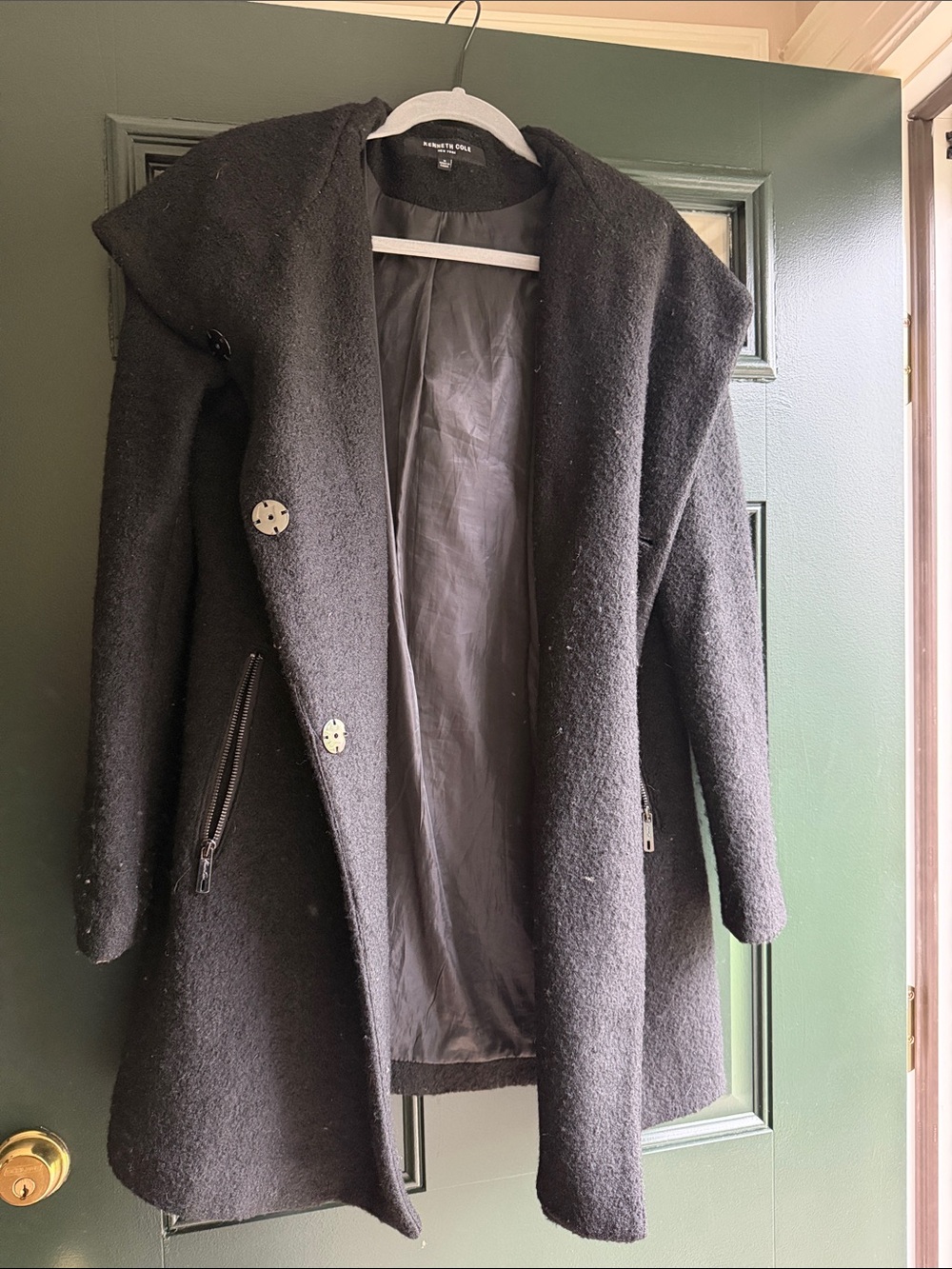 Kenneth Cole Black Hooded Wool Blend Mid-Length Coat with Zipper Pockets